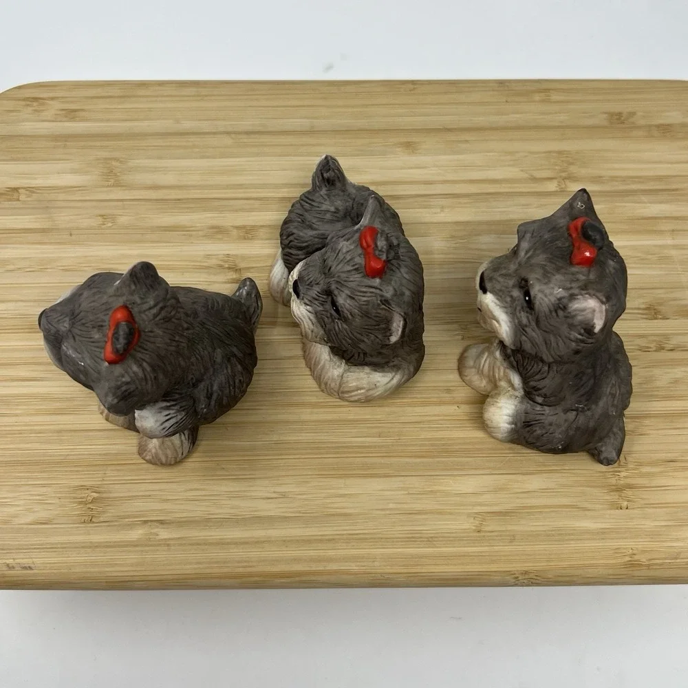 3 Homco Porcelain Terriers Dog‎ figurines #1475 Vintage 1970's Red Bow Puppy